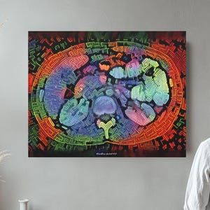 May include: Abstract art print featuring a colorful, circular design with a maze-like pattern. The artwork is dominated by shades of red, orange, yellow, green, blue, and purple.