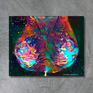 May include: Abstract art print featuring a vibrant, colorful design with a mix of blues, purples, oranges, and yellows. The artwork has a unique, psychedelic style with intricate details and a dark green background. The print is signed in the bottom right corner.