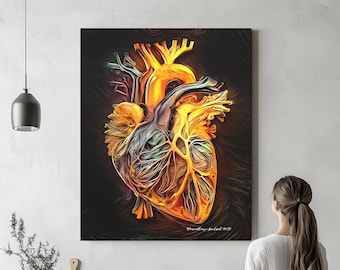 Heart Cardiac Anatomy Art - Golden Color Canvas, Radiology & Cardiology Decor for Medical Student Office, Thoracic Medicine