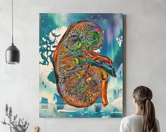 Kidney Anatomy in Bright Color, Ready to Hang Canvas, Anatomy Radiology Wall Art Science Medical Art Student Art Office Gifts Medicine