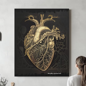Steampunk Heart, Cardiac Anatomy, Canvas or Acrylic, Anatomical heart drawing, Radiology art, Cardiology art