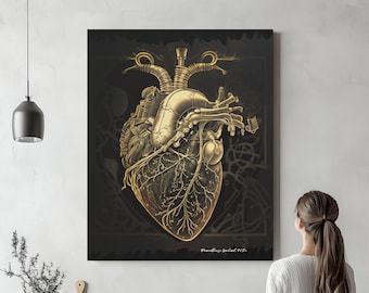 Steampunk Heart, Cardiac Anatomy, Canvas or Acrylic, Anatomical heart drawing, Radiology art, Cardiology art