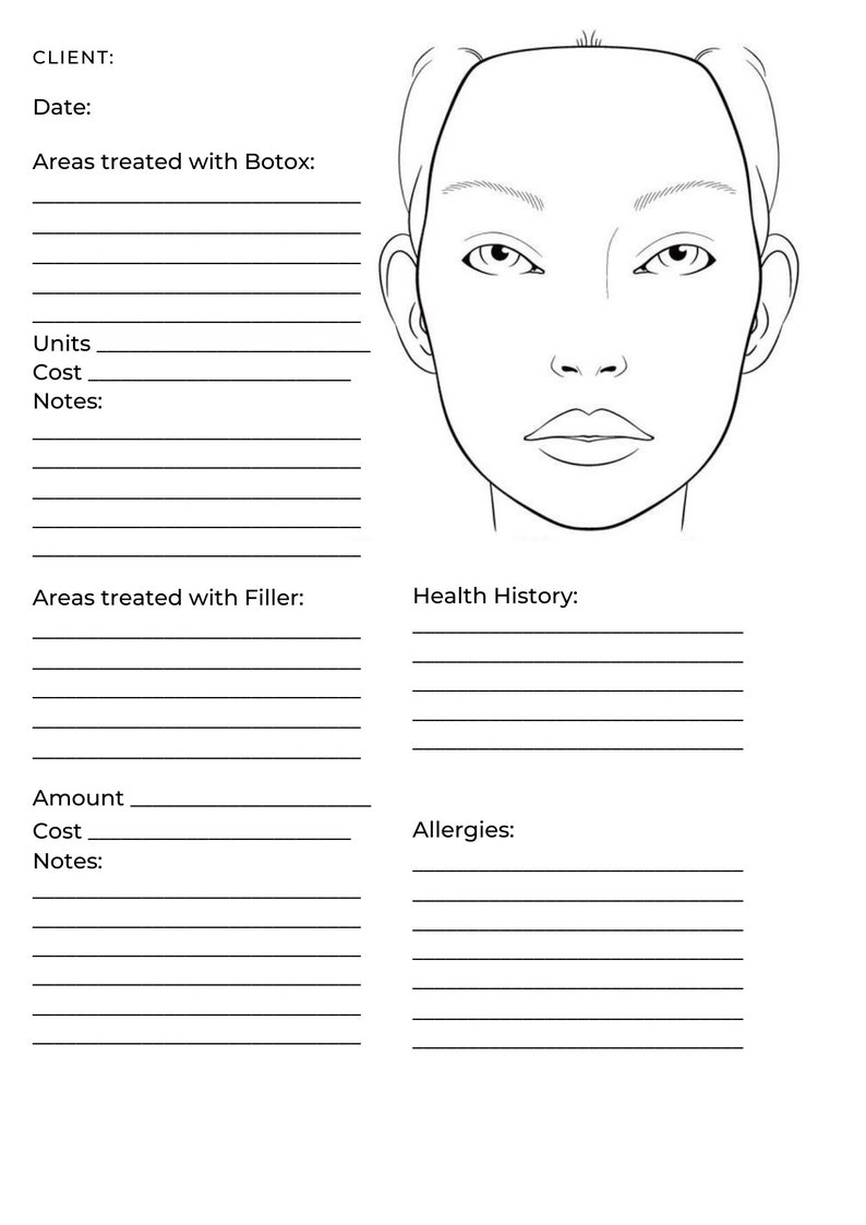 Botox and Filler Treatment Client Record Printable Template Nurse