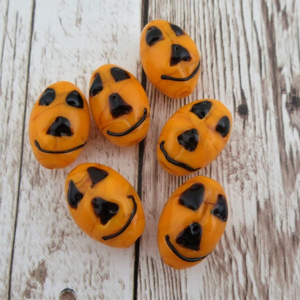 Jack O Lantern Glass Halloween Lampwork Beads, Orange Carved Pumpkins, Handmade Oval Beads, Any Quantity