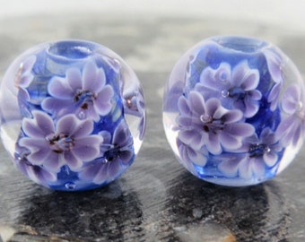 Blue & Purple Flower Glass Lampwork Beads, Encased Violet Daisy Flowers, 15mm Handmade Floral Design Round Beads (2)