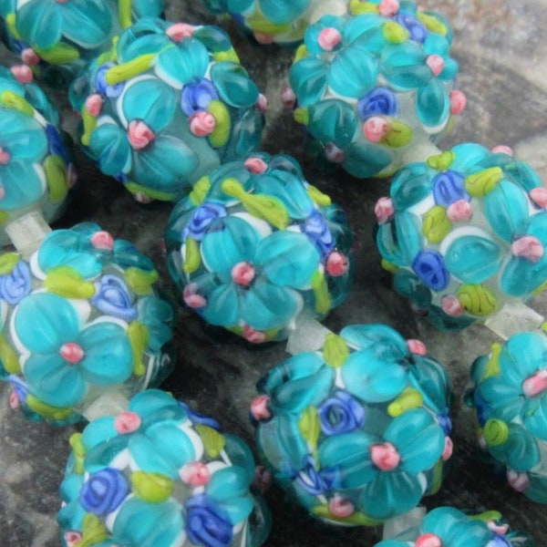 Teal Flower Glass Lampwork Beads, Green Raised Petal Floral 3D Design, 15mm Handmade Round Beads (5 or 10)