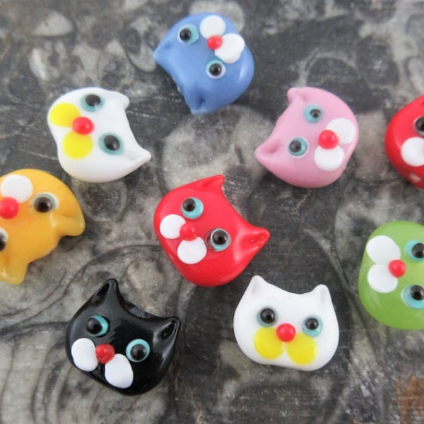 Cat Glass Lampwork Beads, Kitty Faces in Red, Yellow, White, Pink, Green & Blue, Assorted Handmade Kitten Face Beads (2)
