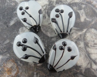 Black Flower Glass Lampwork Beads, Leaf or Gray Floral Design, Handmade Upside Down Teardrop Wildflower Bouquet Beads (2 or 5)