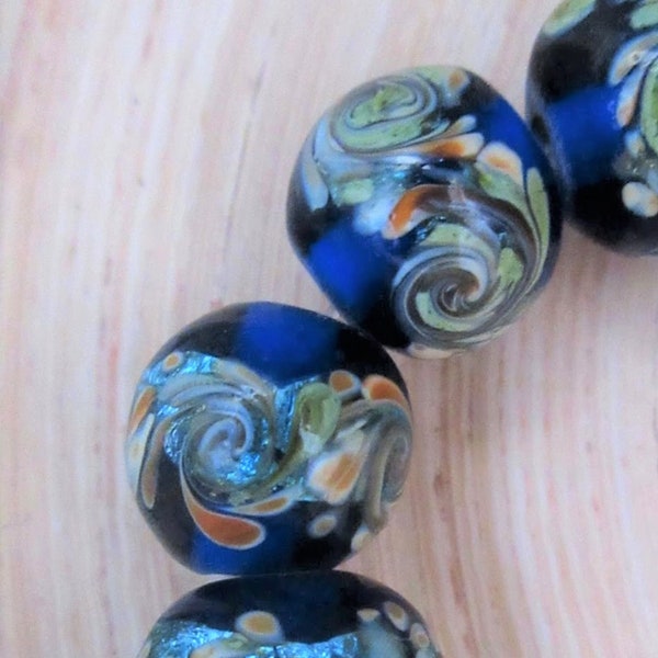 Dark Blue Lampwork Glass Bead, Aqua Blue Foil, Light Green and Tan Wavy Ocean Swirl Design, Round Sphere Handmade Bead (1)