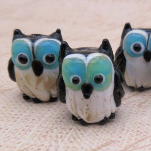 Black & Cream Glass Owl Lampwork Beads, Turquoise Accent Bird Shaped Design Handmade Animal Beads (2)