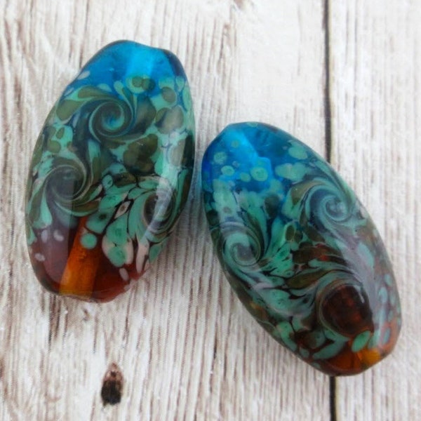 Aqua & Topaz Lampwork Glass Beads, Oval Hurricane Swirl, Ocean Wave, Green and Beige Accents on Handmade Beads (2)