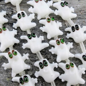 Ghost Lampwork Glass Beads, White Handmade Spooky Halloween 19mm Haunted House Beads, Glowing Green Eyes, DIY Jewelry (2)