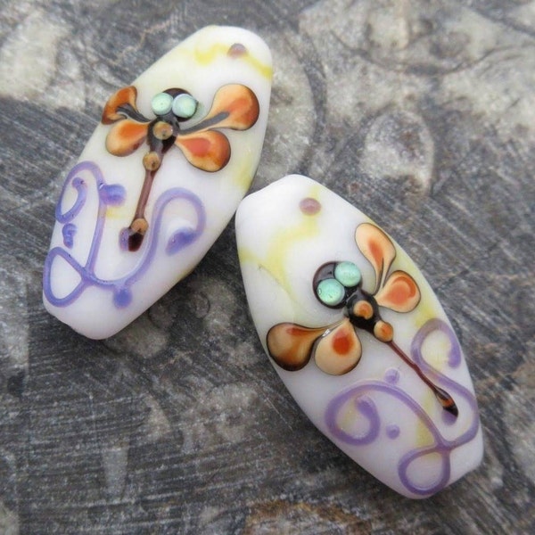 Dragonfly Lampwork Glass Bead, Handmade Cream & Purple Oval Adorable Insect Focal (2 or 5 Beads)