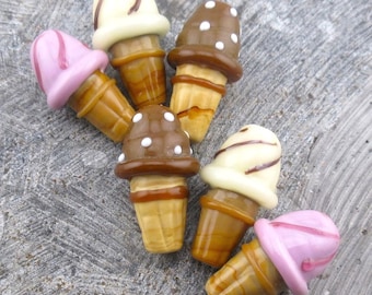 Ice Cream Cone Glass Lampwork Beads, Vanilla & Strawberry Swirl, Chocolate Sprinkle, 24mm Waffle Colored Cones, Handmade Sweet Treats (2)
