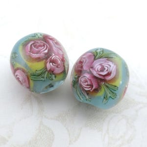 Rose Garden Lampwork Glass Beads, Handmade with Old Fashioned Pink Rose Flowers on Blue or Green Vintage Style Round Floral Beads (2)