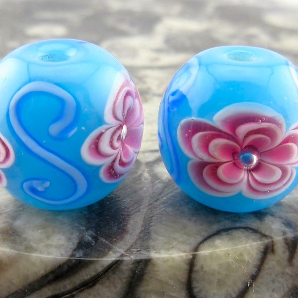 Aqua Blue Glass Lampwork Beads, Pink Dahlia Flower Encased in Round Handmade Floral with Light Blue Swirls Focal Beads (2)