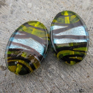 Flat Oval Glass Lampwork Beads, Light Blue Silver Foil, Black/Brown Striping, Yellowish Green Gel Color, Unique Craft Supplies (2)