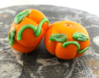 Large Pumpkin Glass Lampwork Beads, 20mm Orange Halloween Focal, Fluted Round with Green Leaves, Handmade Autumn Beads (2)