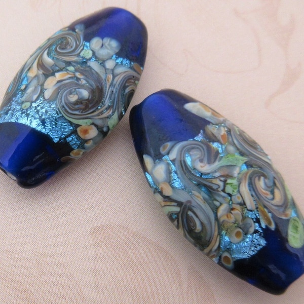 Blue Wave Lampwork Glass Beads, Ocean Swirl, Wavy Oval Focal, Handmade Beads, (2, 5 or 10) Save on Strand of 10