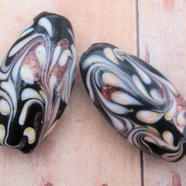 Black & Cream Glass Lampwork Beads, Copper Foil with Wavy Swirls and Teardrop Designs on Oval Focal Handmade (2 or 5 Beads)