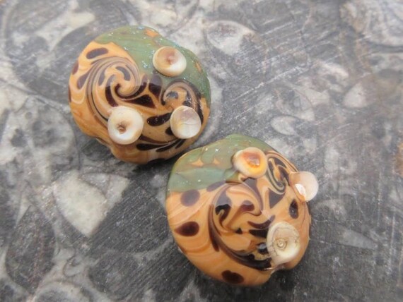 20mm Hurricane Glass Lampwork Beads, Handmade Golden Tan with Chocolate Brown Wind Tunnel Swirls & Glimmering Green with Raised Bumps (2)