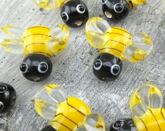 Bee Glass Lampwork Beads, Honey or Bumble Bees Yellow & Black Striped Handmade with Clear Wings Insect Beads  (2, 5 or Save on 10)