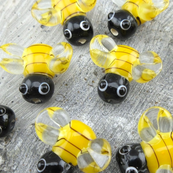 Bee Glass Lampwork Beads, Honey or Bumble Bees Yellow & Black Striped Handmade with Clear Wings Insect Beads  (2, 5 or Save on 10)