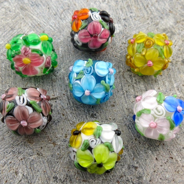 Flower Glass Lampwork Bead, Raised Bumpy Petals, Blue, Pink, Yellow, Purple, Green, Black and Orange Completely Covered Handmade Beads (1)