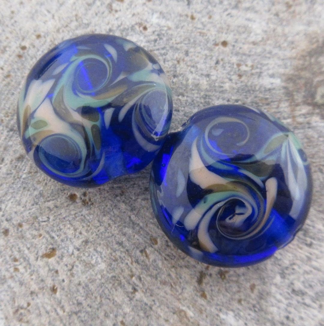 Cobalt Lampwork Beads: Ocean Wave Swirls, Handmade Glass (2) - Etsy