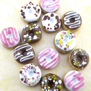Donut Glass Lampwork Beads, Glazed Rainbow Chocolate Sprinkle, Chocolate & White Iced Swirl, Handmade Treat, Novelty Food (2 or 10)