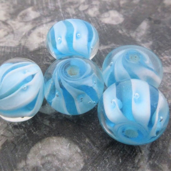 Aqua & White Glass Lampwork Beads, Rondelle Shape, Encased Bubbles, White Ribbon Swirls, Blue Handmade Beads (2 or 5)