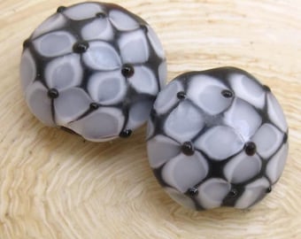 Handmade Black & White Lampwork Glass Beads, Textured Design, Flower or Honeycomb Lentils, Dot and Petal Pattern Beads (2 or 5)
