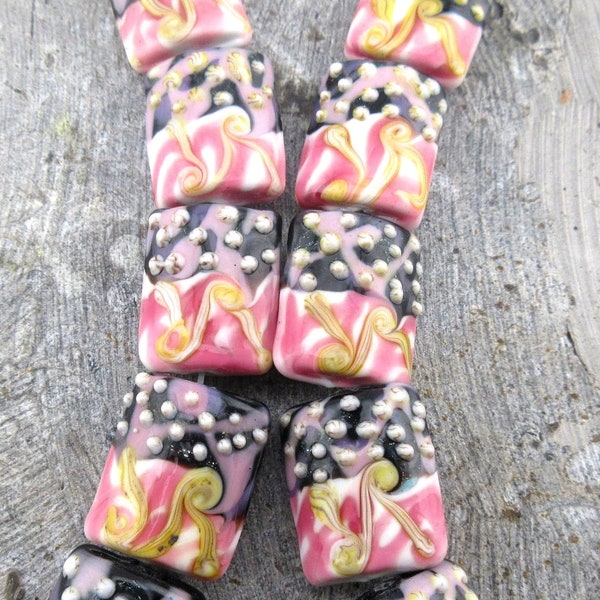 Pink & Black Rectangle Glass Lampwork Beads, Yellow Straw Ribboning Swirl Dot Handmade Design (2, 5 or 10 Beads) Save on Strand