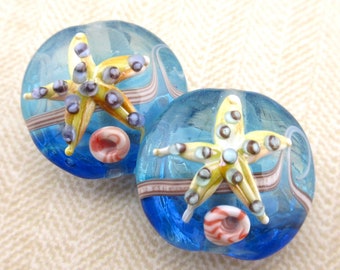 Starfish Glass Lampwork Beads, Light Aqua & Dark Blue Round Discs, Handmade Sea Life Cream Sea Stars on Ocean Beads (2/5/10)