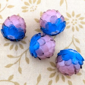 Lotus Blossom Glass Lampwork Beads, Pink & Blue Petals, Open Bloom Flower in Floral Design Round DIY Jewelry Beads (2)