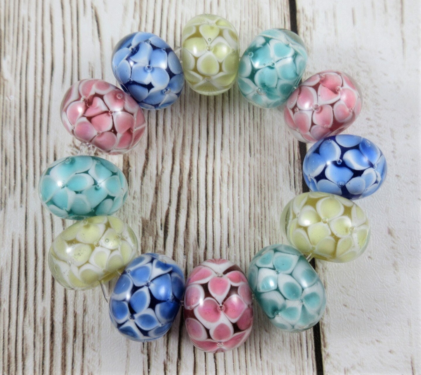 Colorful Floral Rondelle Glass Lampwork Beads Set - Pink, Blue, Yellow, Green, Encased Flower Petal Design, Handmade Multicolor Beads (12)