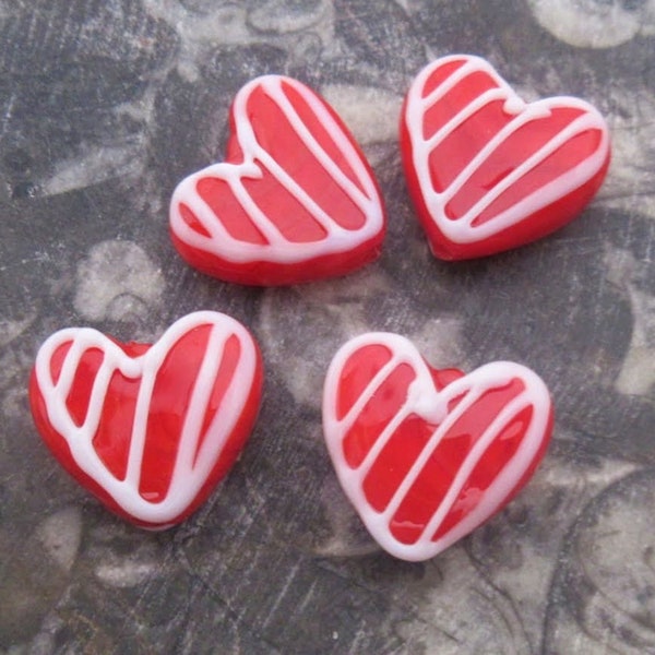 Heart Glass Lampwork Beads, Classic Red Cherry Color Hearts Striped with Solid White Diagonal Lines Beads (2)