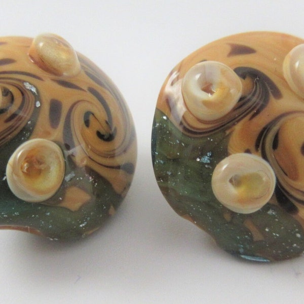 Gold & Green Hurricane Glass Lampwork 20mm Beads, Brown Wavy Swirl, Glimmering Green with Raised Bumps, Abstract Handmade Glass (2 Beads)