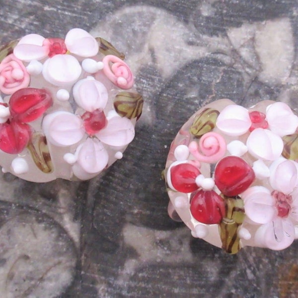 Light & Dark Pink Flower Glass Lampwork Beads, Handmade Focal Floral, Raised Petal Bumpy Design Round Discs (1 or 2)