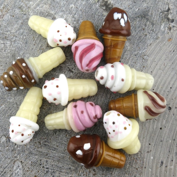 Ice Cream Cone Glass Lampwork Beads Set of 11 Beads, Strawberry Swirl, Vanilla, Chocolate Dipped, Waffle & Sugar Cone, White, Pink and Brown