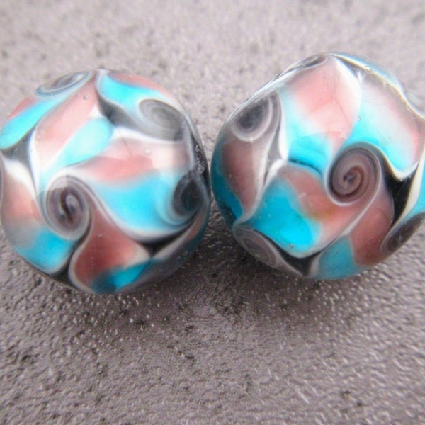 Aqua Blue & Pink Glass Lampwork Beads, Handmade Pinwheel Swirl Design on Black Round Beads (2 or 5)