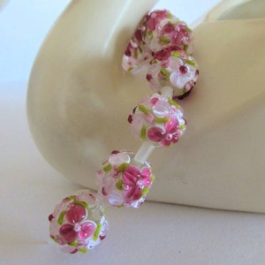 Light Pink & Pink Flower Glass Lampwork Beads, Raised Petals, Bumpy Floral Round, Handmade Beads (5 or 10)