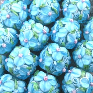 5 or 10 Aqua Flower Glass Lampwork Beads, Raised Petal Design, Handmade 15mm Round Floral Completely Flower Covered Focal Beads