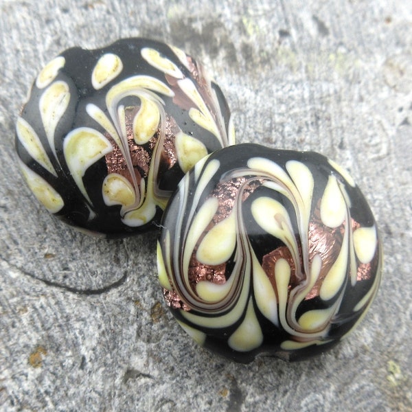 Black Swirl Glass Lampwork Beads, Handmade with a Cream & Yellow Splash Color Design and Copper Shimmer on Round Disc Focal Beads (2 or 5)