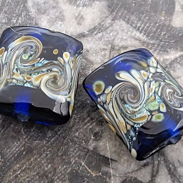 Blue Square Glass Lampwork Beads, Ocean Wave Design, Handmade Navy with Tan and Sage Green Swirl Pillow Beads (2, 5 or Save on 10 )