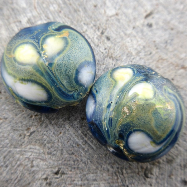 Blue & Gold Glass Lampwork Beads, White or Yellow Teardrop with Green Hues, Handmade Design, Abstract Round Disc Beads (2)