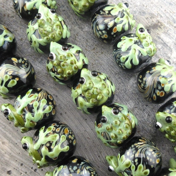 Frog Glass Lampwork Beads, Green Frogs, Round Black Wavy Swirl Design Balls, Handmade Toad Shaped (2 Beads)