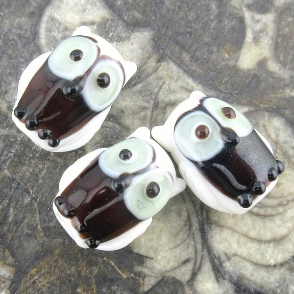 White & Black Owl Glass Lampwork Beads, Handmade Opaque Tuxedo Birds, Gray Accent Wide Eyed, Animal Lampwork Beads (2)