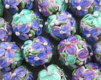 Purple & Green Flower Lampwork Beads: Handmade Raised Petal Floral Beads (5 or 10)