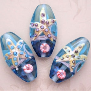 3 Starfish Glass Lampwork Focal Beads, Aqua & Indigo Blue, Cream Sea Stars, Handmade Oval Ocean Life Beads